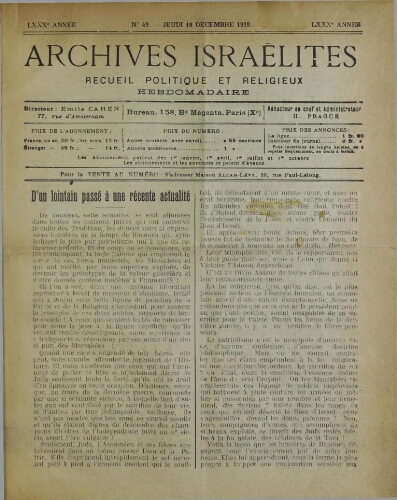 Archives israélites de France. Vol.80 N°49 (18 déc. 1919)